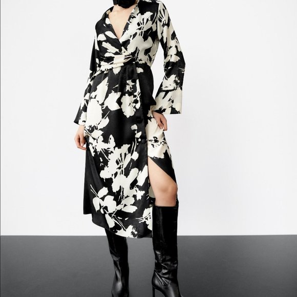 Zara Black and White Floral Wrap Dress - Picture 3 of 12